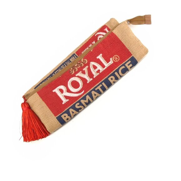 Upcycled Burlap Rice Sack Fold over Clutch Zipper Pouch Tassel Lined Hand Made - Picture 5 of 10